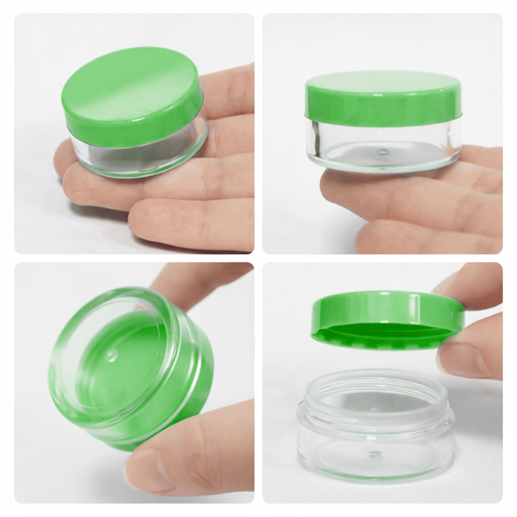 Beauticom 1000 Pieces High Quality 10 Gram 10 ml (0.3 oz) Plastic Clear Round Cream Lotion Beauty Sample Jars with Green Lids