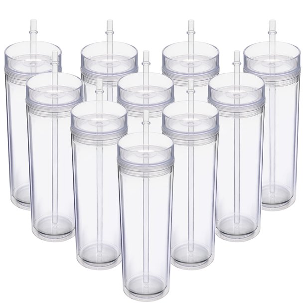 10 Pack Clear Skinny Acrylic Tumblers 16oz Double Wall Clear Plastic