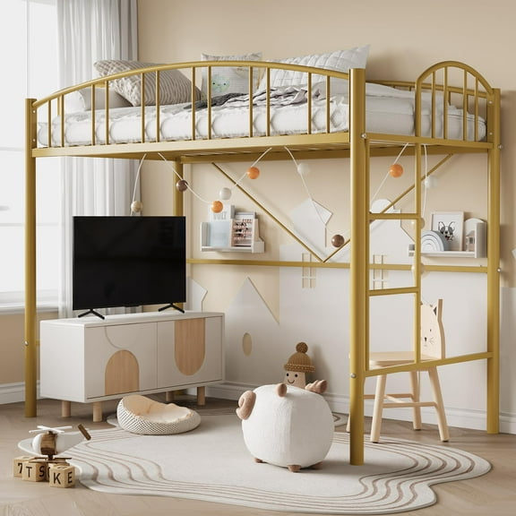 Loft Bed Twin Size, Heavy Duty Metal Loft Bed Frame with Arched Guardrail and Safety Ladder, Space-Saving, No Box Spring Needed, Modern Gold