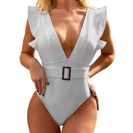 HYSYSB Ruffle Butts Swim Suits halter One Piece Swimsuits for Women bathing Suit for Women bathing Suit for Women Tummy Control bikini Backless Ruffle Edge Swimsuit one Piece Swimsuit White XL