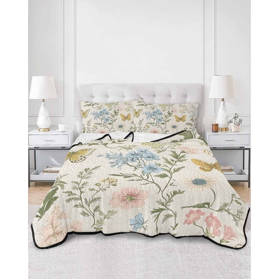 Quilts King Size, Wildflowers Soft Comforter Bedding Set for Bed, Spring Flowers Plants Farmhouse Pastoral Lightweight Quilted Bedspread with Pillow Cover(2 Pieces) for All Season, 96x106 Inch
