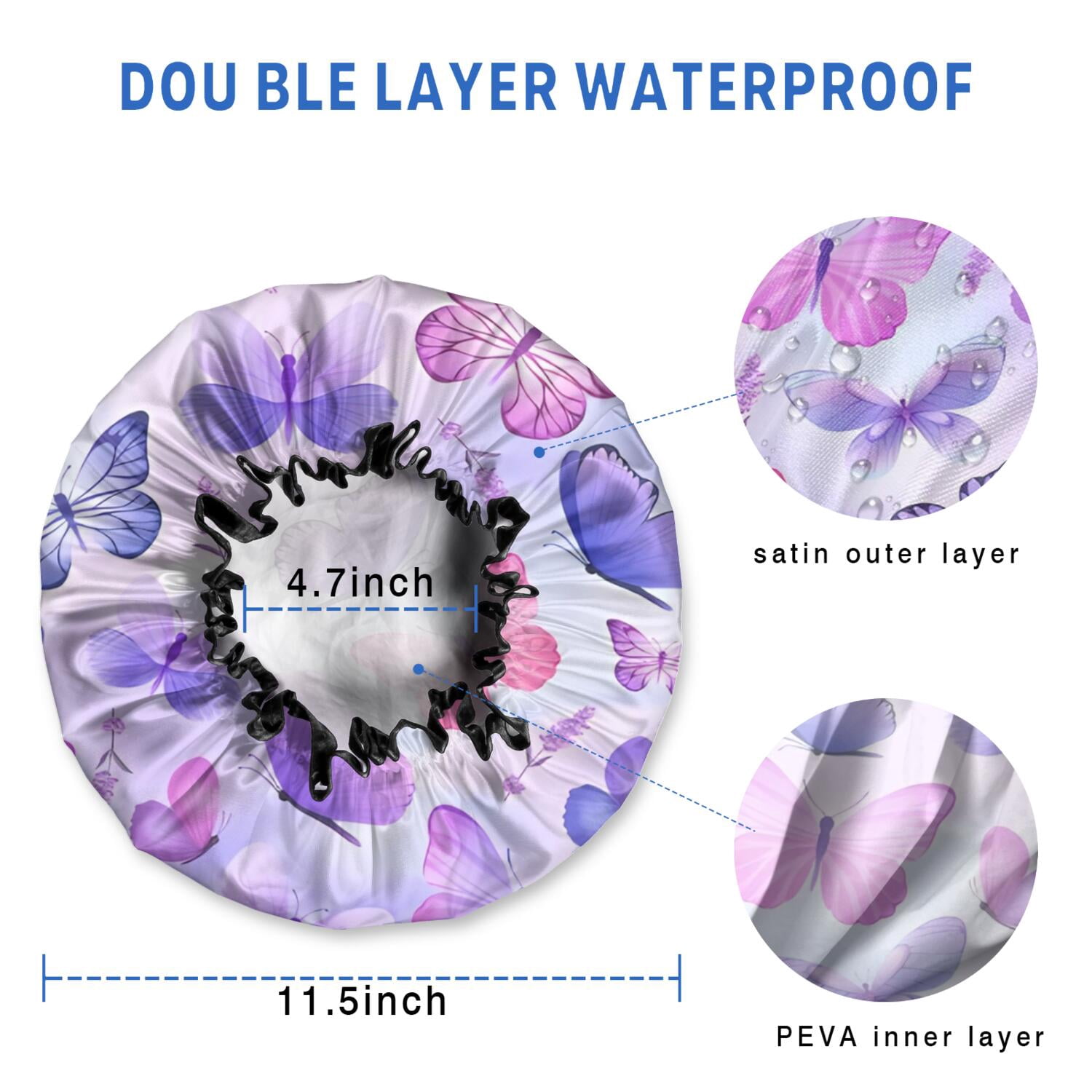 Shower Caps,Purple Butterfly Lavender Pattern Waterproof Shower Cap for Women 4 Pieces,Double Reusable Hair Cover for Shower PEVA Elastic Stretch Hem