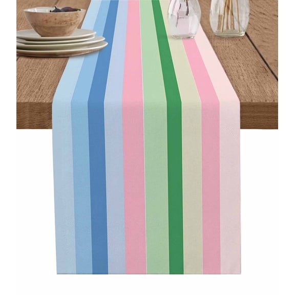 Pink Green Blue Stripe Table Runner 36 Inches, Farmhouse Stripes Minimalist Bed Runner Dresser Scarves Tabletop for Indoor Outdoor Parties/Ceremony/Banquet, 13"x 36"