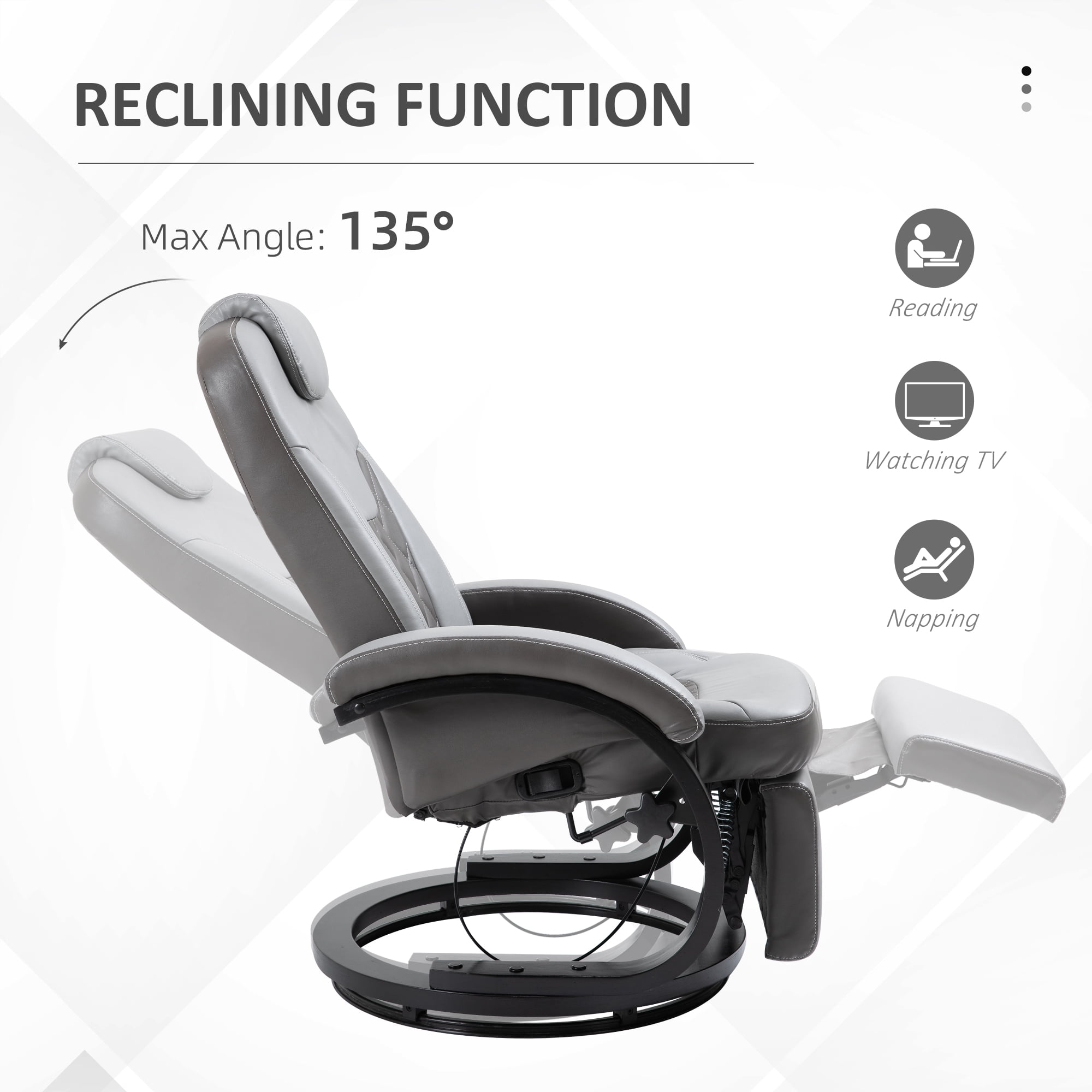 HOMCOM PU Recliner Reading Armchair with Footrest, Headrest and Round Steel/Wood Base for Living Room or Office, Gray
