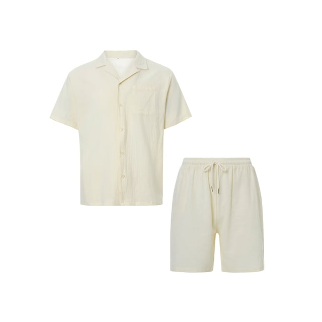 Sunloudy Conjunto de traje de 2 piezas para hombre, camisa de manga corta con cuello vuelto de color sólido + pantalones cortos para el verano Sunloudy S/M/L/XL/XXL