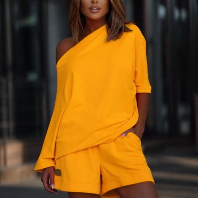 LOVZFMLL Women's Fashion Bodyguard Set With One Line Neck And Off Shoulder Loose Two Piece Set Yellow L