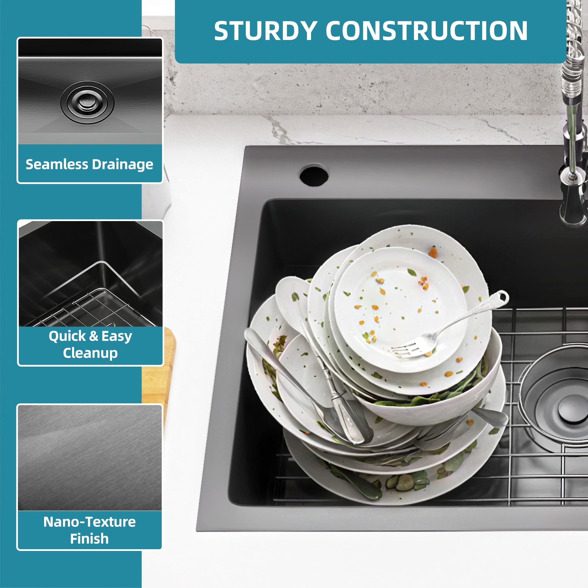 Uforic 28 In Drop-In Kitchen Sink, Stainless Steel Top Mount Single Bowl with Sink Protector, Nano Gunmetal Finish for Workstation, Prep Kitchen, or Bar