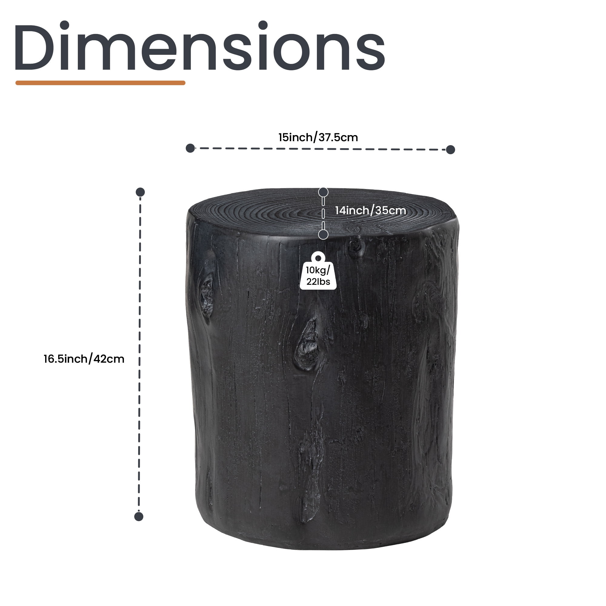 VENTOPYR Painted Black Concrete End Table,Faux Wood Tree-Trunk Stool