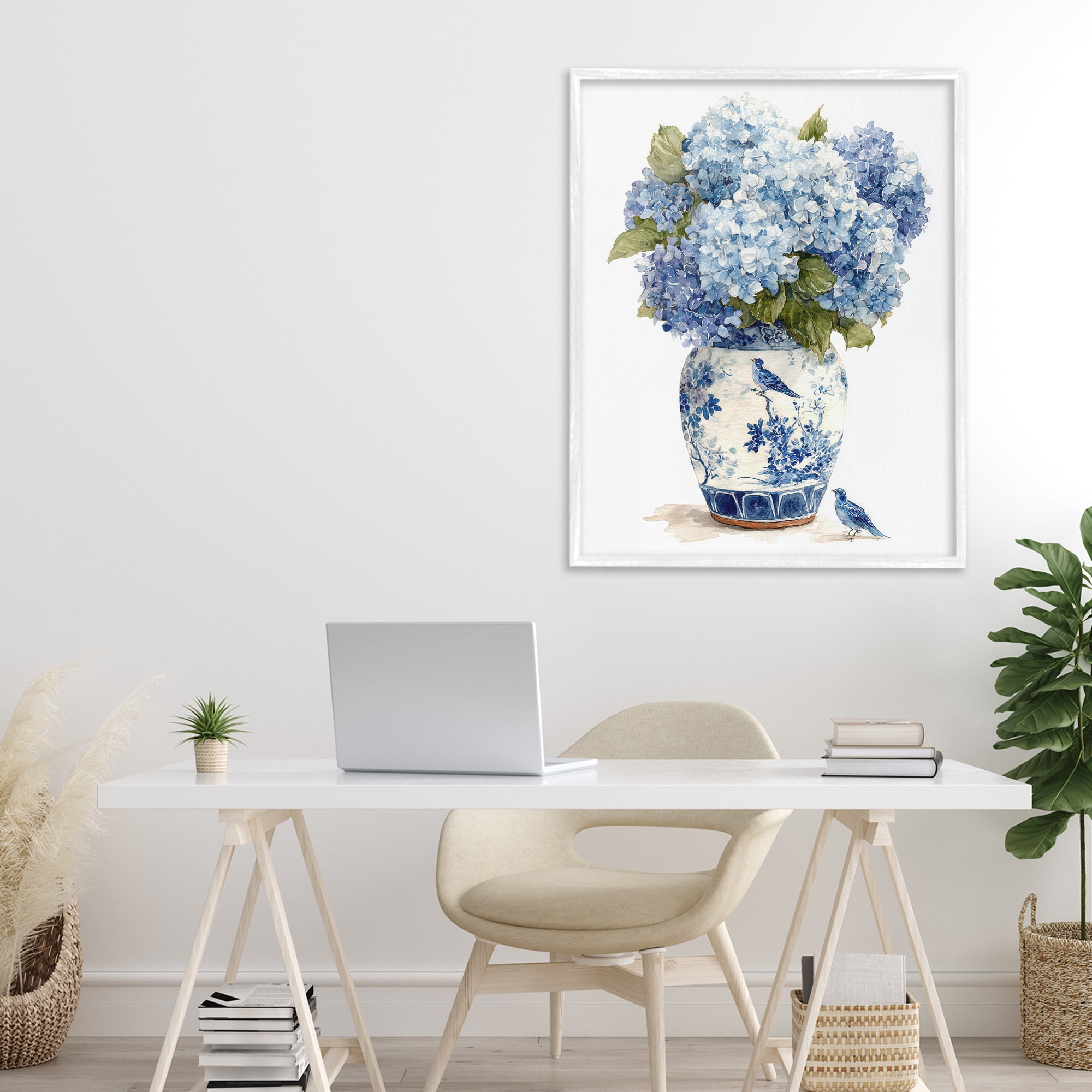 Stupell Industries Blue Bird & Hydrangea Vase White Framed Giclee Art, design by Imagine It Images