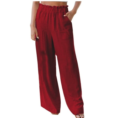 

YanHoo Women s Summer Straight Pants Linen Ruffle Elastic Waist Wide Leg Trouser Solid Casual Loose Long Pants with Pockets