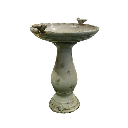 24 Inch Antique Ceramic Birdbath With Birds -Light Brown