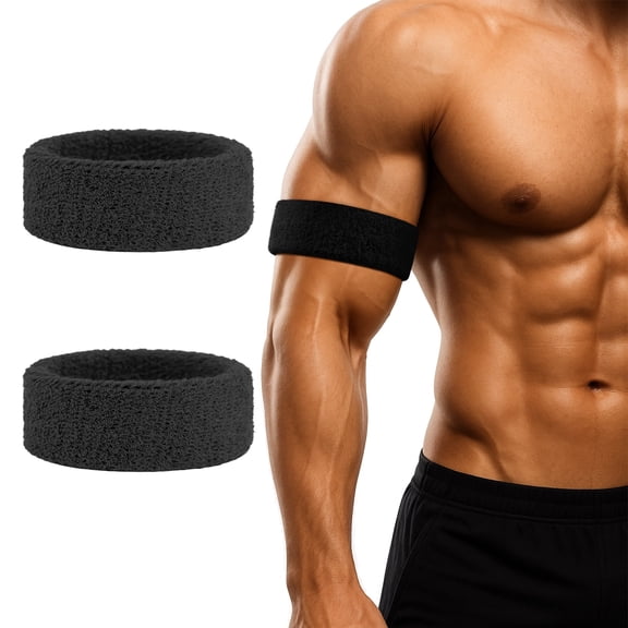 TOPTIE 2 Pcs Bicep Bands Black for Football, Terry Cloth Arm Sweatbands Wristbands Leg Bands for Sport (One Pair)