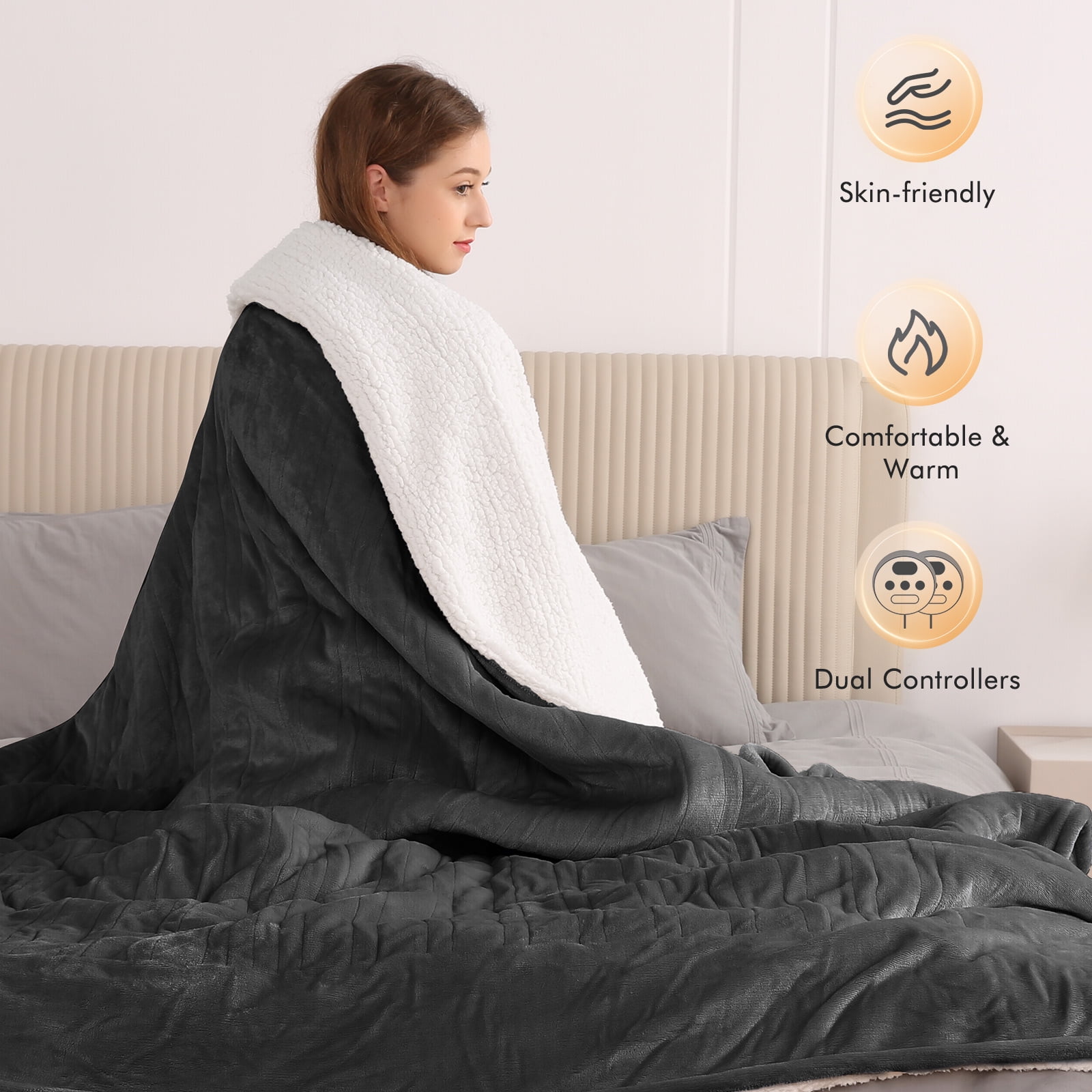 MARNUR Electric Heated Blanket King Size 90''x100'', Fast Heating with Dual Controllers, 10 Heating Levels, 10H Timers, Preheat Function - Dark Gray