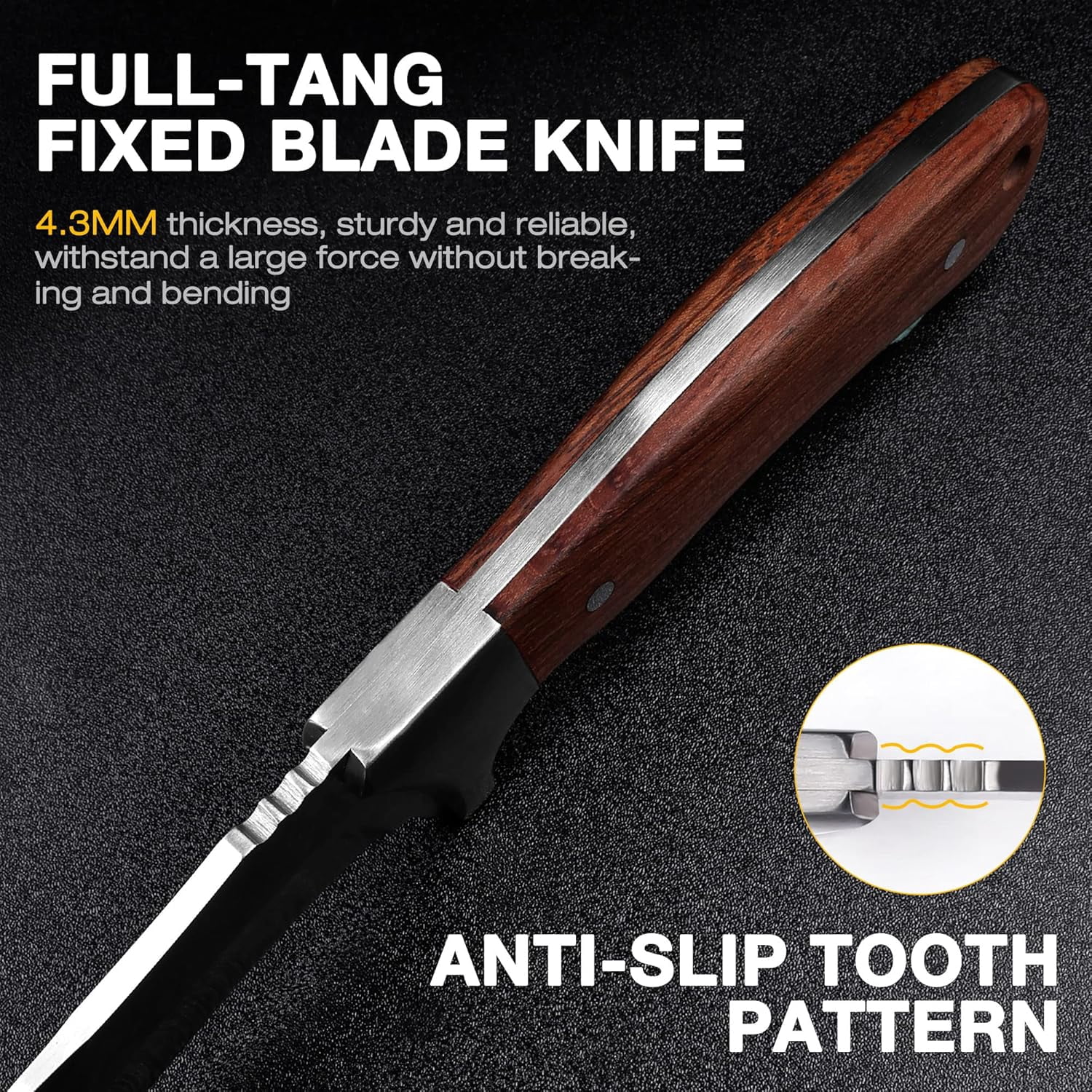 FLISSA Fixed Blade Knife with Sheath, 9.8'' Full Tang Hunting Knife with High Carbon Steel Blade, Non-Slip Rose Wooden Handle, Lanyard Hole, Camping Knives for Hiking, Hunting, Survival, Camping