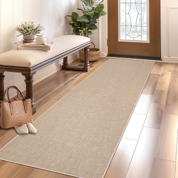 Garvee 2'x6' Modern Solid Color Runner Rug Minimalist Woven Textured Carpet, Washable Rug Non Slip Low Pile Indoor Mats for Hallway Bedroom Kitchen, Camel
