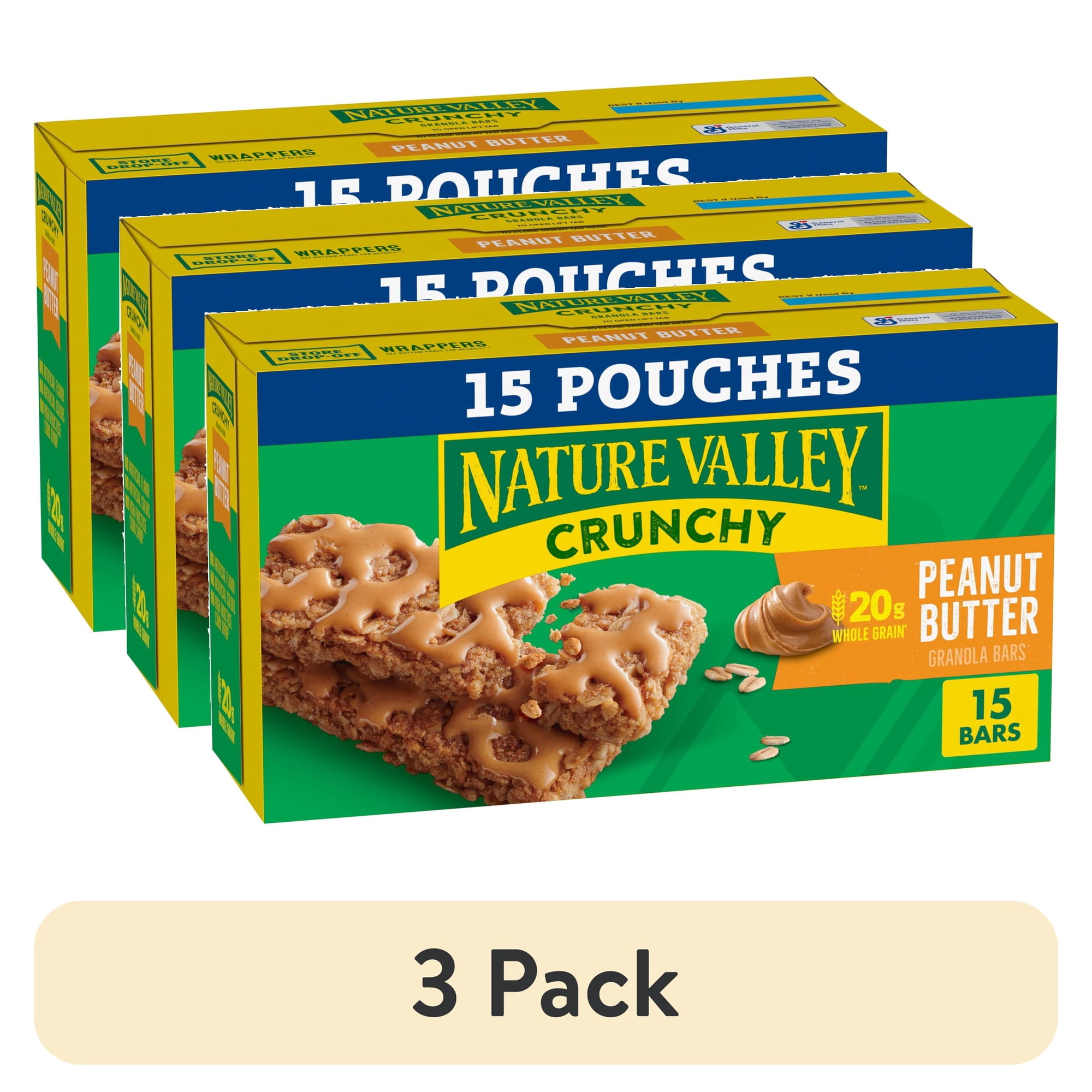 (3 pack) Nature Valley Crunchy Granola Bars, Peanut Butter, 30 Count, 22.35 oz (15 Pouches)