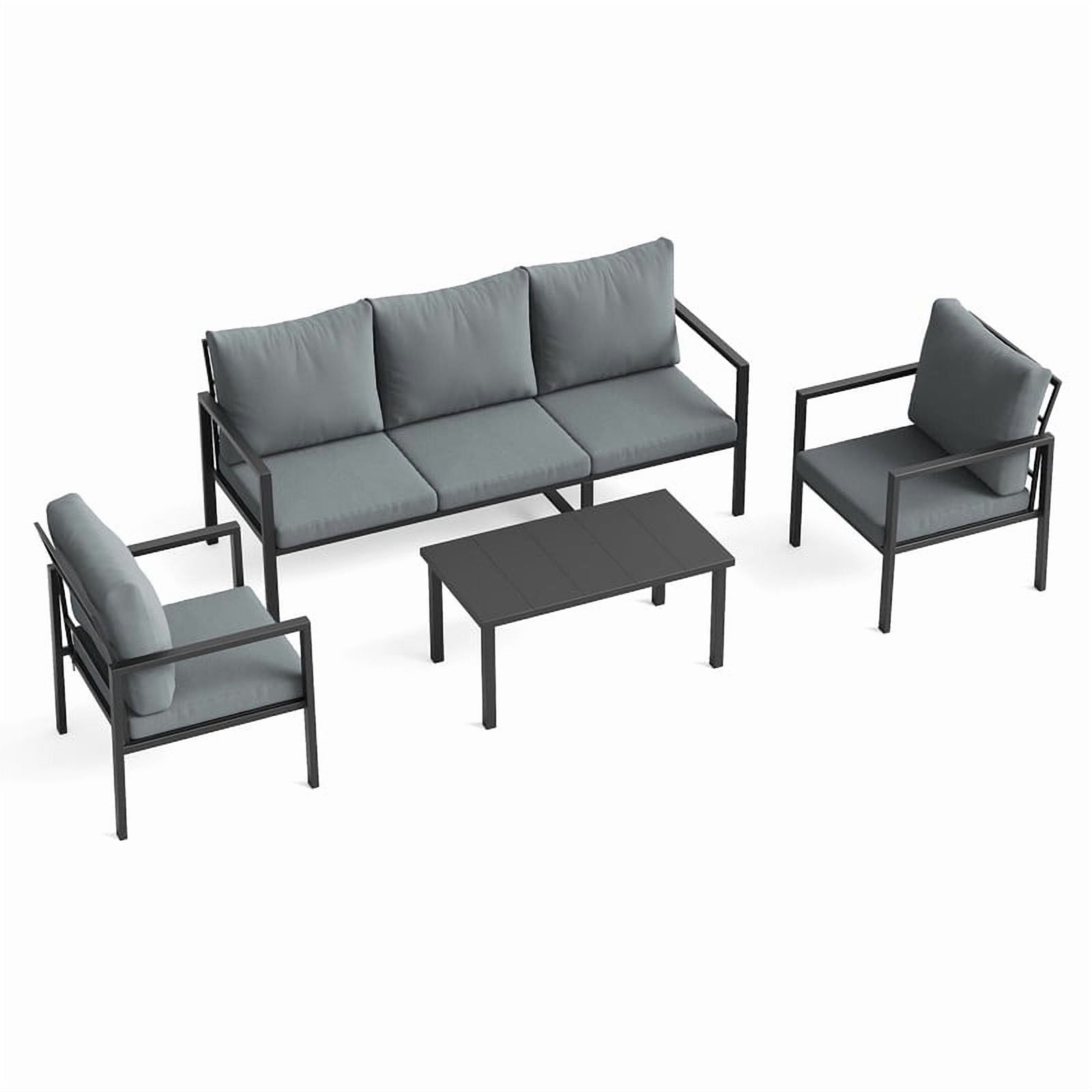 MRUAKA 4-Piece Outdoor Patio Conversation Set, Metal Frame Furniture Sofa with Armchairs & Coffee Table, Weather-Resistant Cushions for Balcony, Deck, Poolside Gray