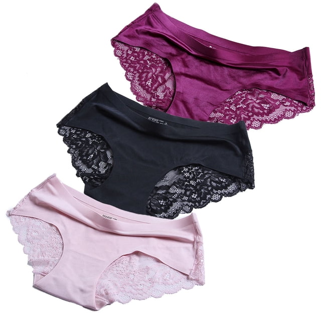 Bragas de seda helada de 3 piezas, bragas de encaje, bragas de seda sin costuras de estilo fino para mujer, bragas ultrafinas para mujer pequeña