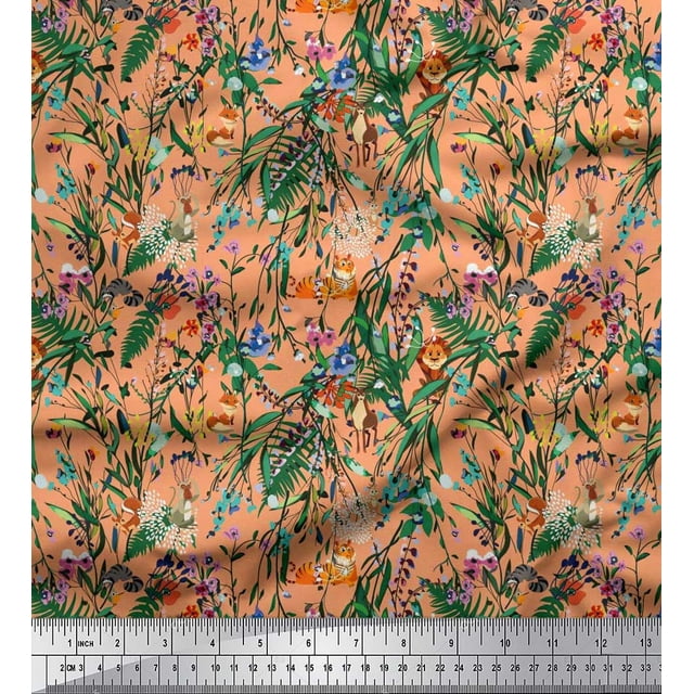 Soimoi Poly Georgette Fabric Leaves & Cartoon Animals Jungle Printed Fabric 1 Yard 42 Inch Wide