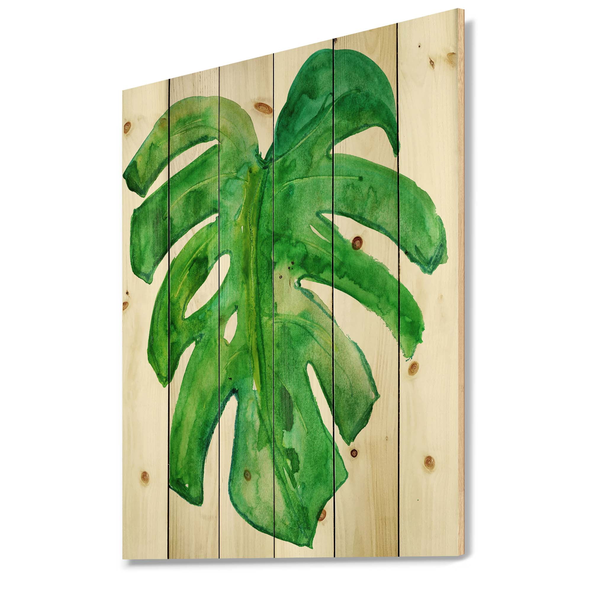 Designart 'Close Up Of Tropical Leaf Of Monstera I' Farmhouse Print on Natural Pine Wood