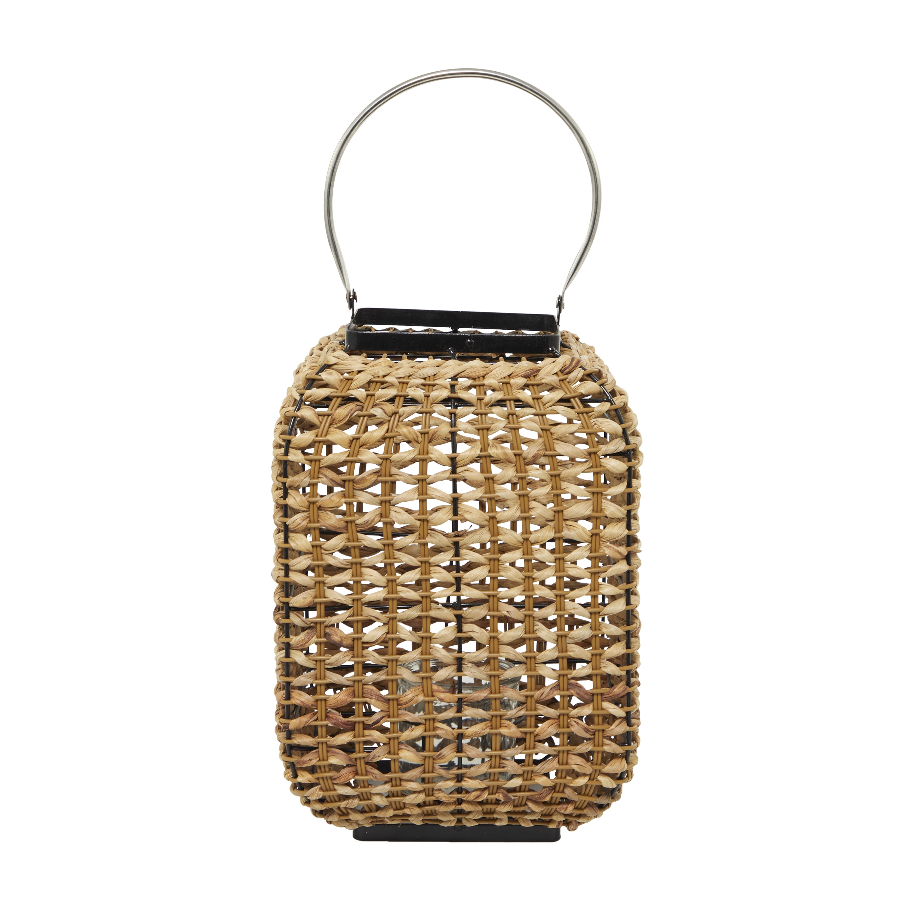 DecMode Brown Dried Plant Handmade Decorative Candle Lantern with Glass Holder and Handle