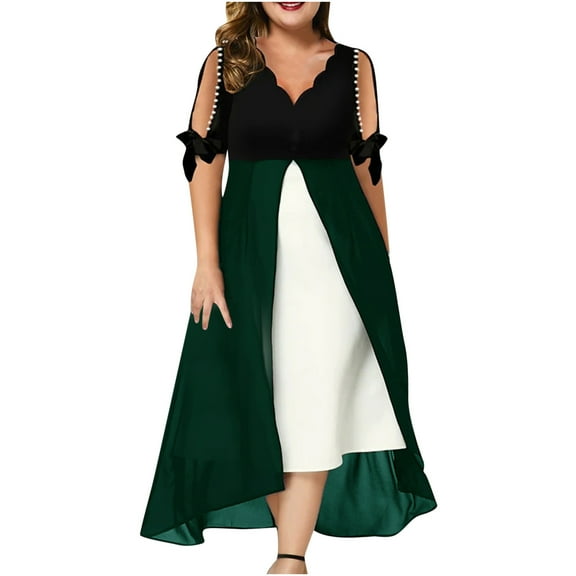 VSSSJ Dresses for Women Scalloped Trim V Neck Short Sleeve Cutout Solid Color Lace-Up Flowy Elegant Cocktail Party Midi Long Dress Green XXL
