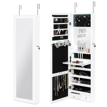 Best Choice Products Full Length Hanging Mirror Jewelry Armoire Cabinet, Makeup Storage Organizer, Wall Mounted, with Interior Mirror, LED Lights, Lock, Cosmetics Tray, Brush Holders, 4 (Best Affordable Makeup Products)