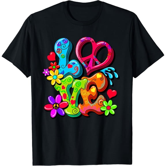 Retro 60's 70's Flower Power Hippy, Groovy Love Peace Heart T-Shirt