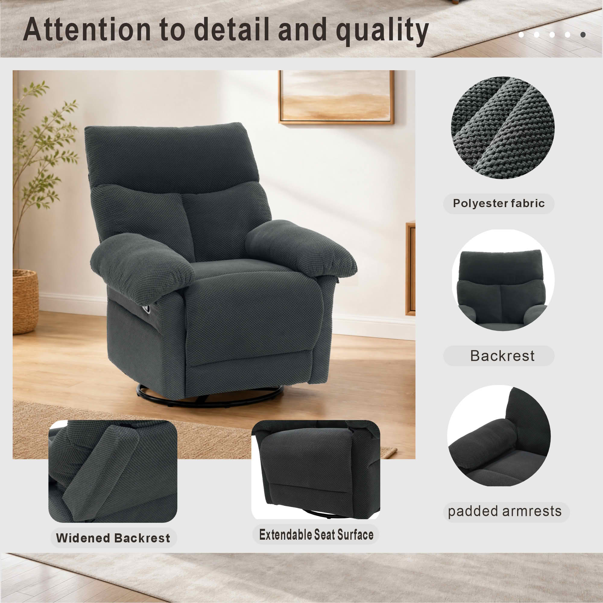 MAYEERTY 41 In Swivel Rocker Recliner, 360 Degree Manual Glider, Overstuffed, Dark Gray, 300 lb