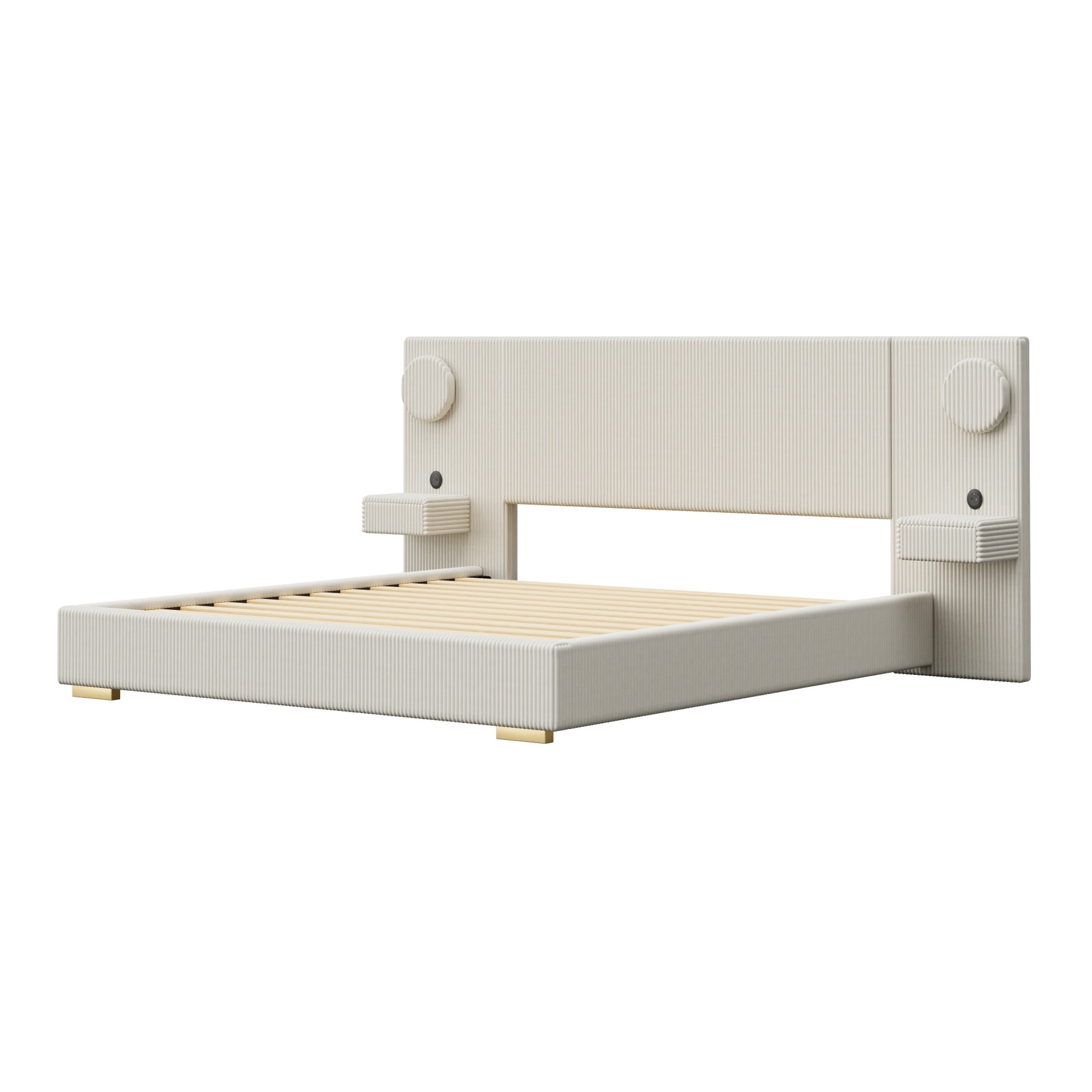 Noble House Dellas King Size Upholstered Platform Bed with LED Lights, Charging Ports & Side Storage Drawers, Beige