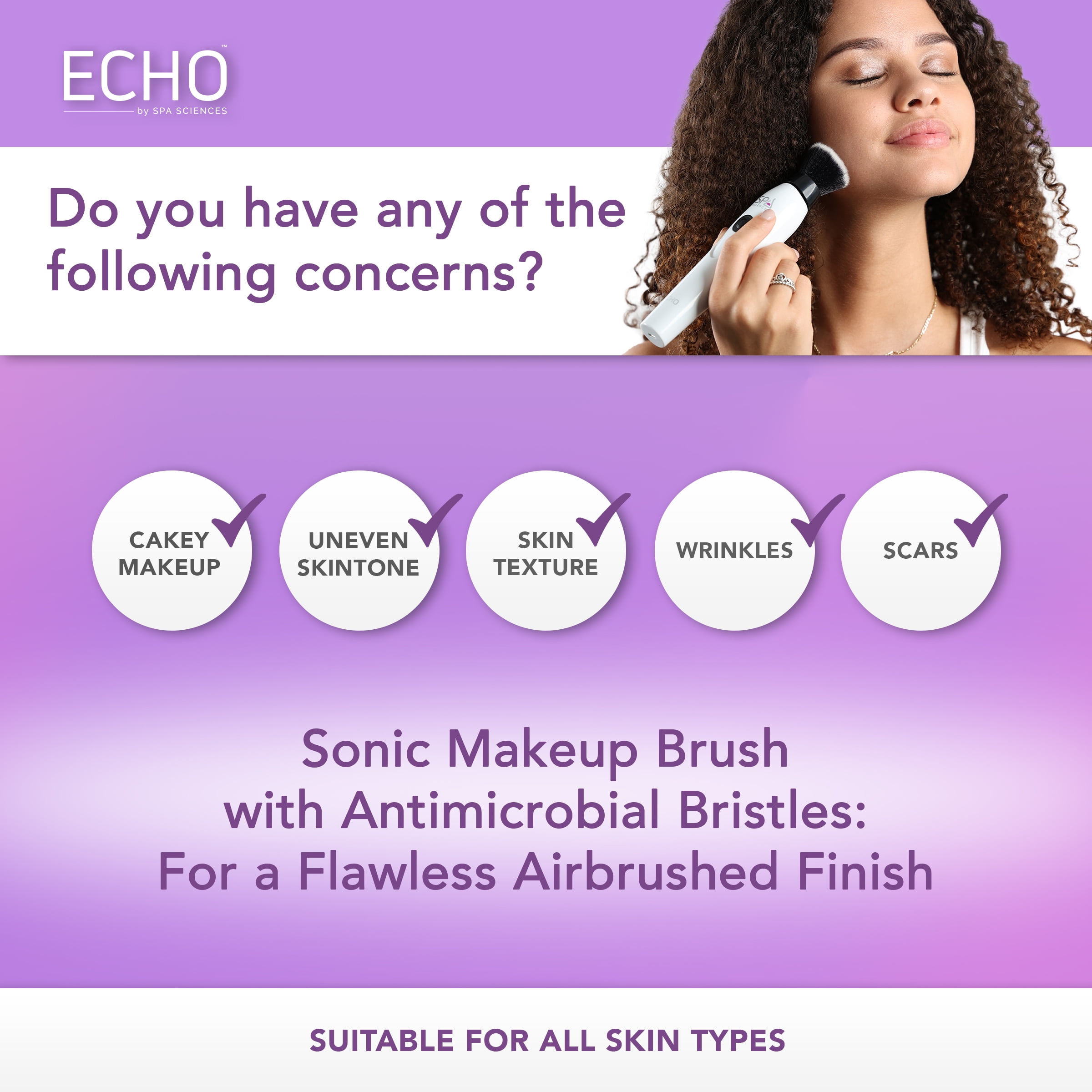 Spa Sciences ECHO, Rechargeable Sonic Makeup Brush for Airbrush Finish, White