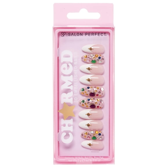 Salon Perfect Artificial Fake Press On Nails, 480 Charmed French Gems, Medium Almond, File, Glue and Prep Pad Included, 30 Nails
