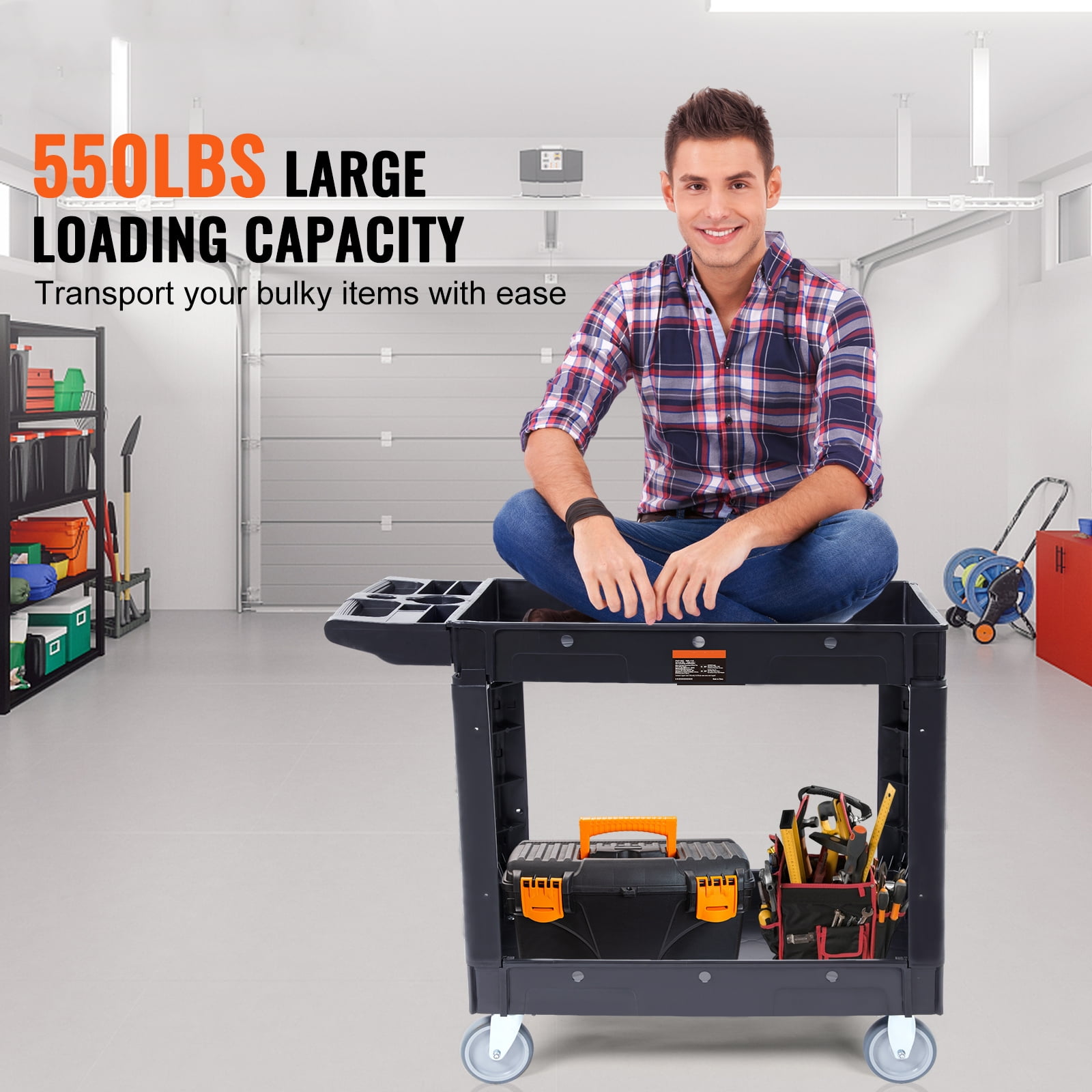VEVOR Plastic Service Utility Cart, Support up to 550lbs Capacity, Heavy Duty Tub Storage Cart W/Deep Shelves, Multipurpose Rolling 2-Tier Mobile Storage Organizer, for Warehouse Garage
