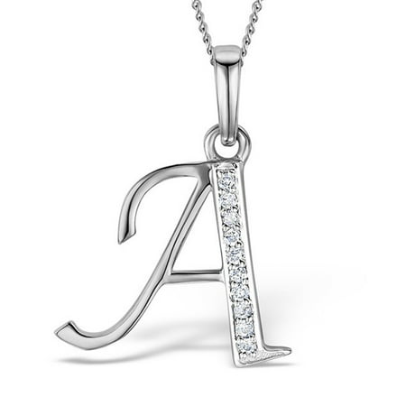 Trillion Designs 0.05Ct Round Cut Natural Diamond Initial A Symbol Pendant Necklace in Sterling Silver