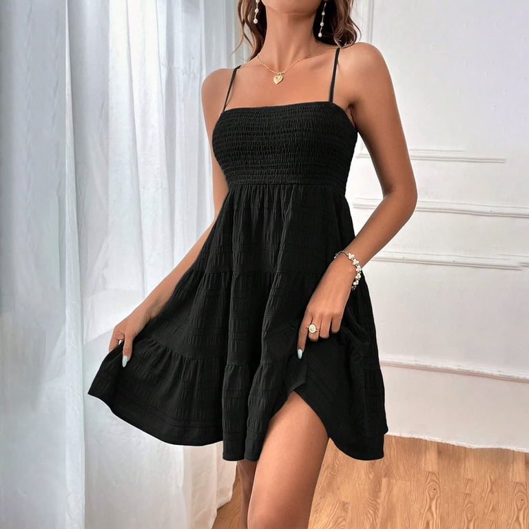 Womens Summer Dresses Vacation Casual A Line Dress Ruched Bust Sleeveless  Solid Ruffle Hem Short Dress