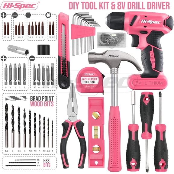 58pc Pink 8V USB Electric Power Cordless Drill Driver and Womens Ladies Home Tool Kit Set