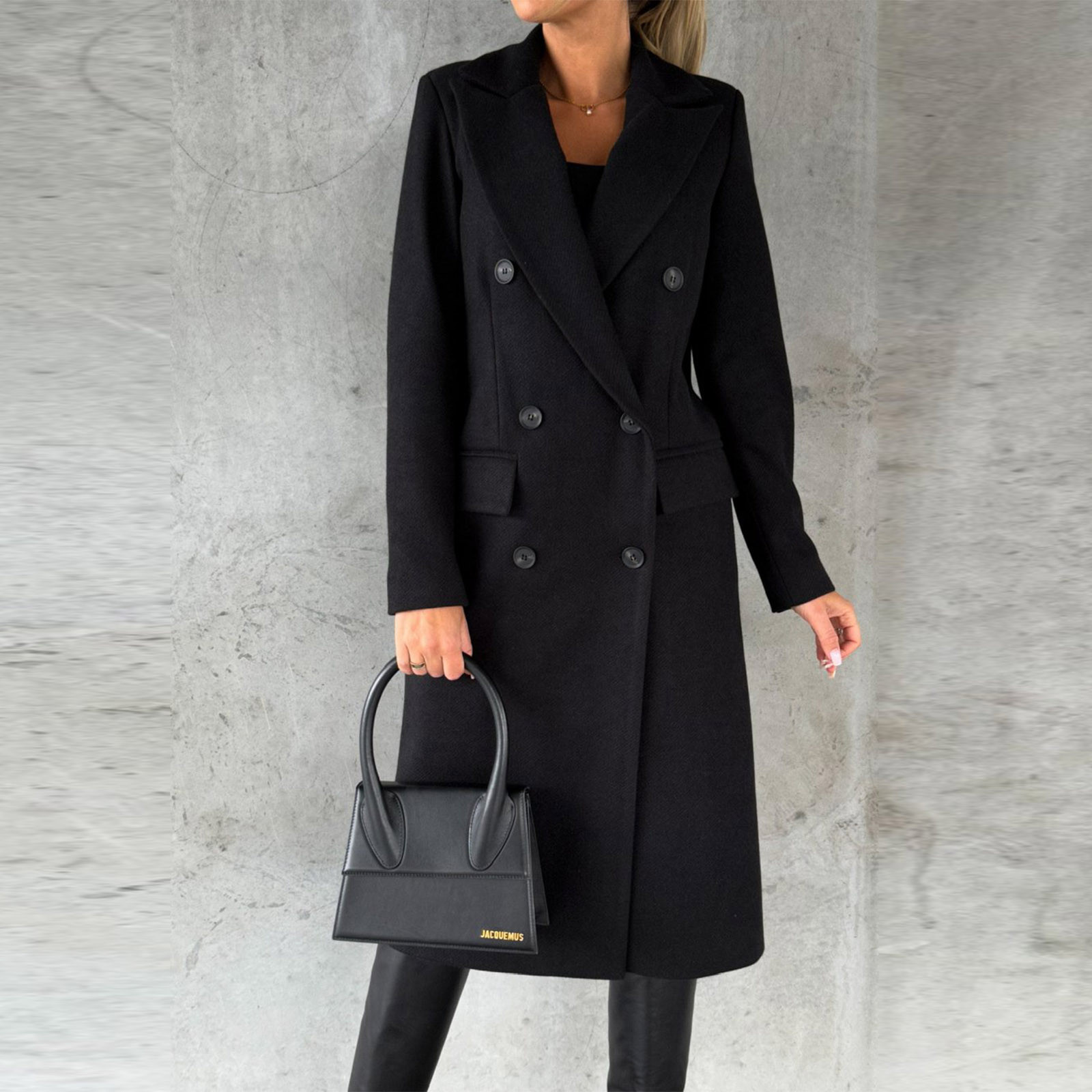 Hfyihgf Women's Double Breasted Trench Coat Classic Notch Collar Long Sleeve Peacoats Winter Warm Slim Fit Long Woolen Jackets Coat with Pockets Clearance(Black,M) - image 2 of 5