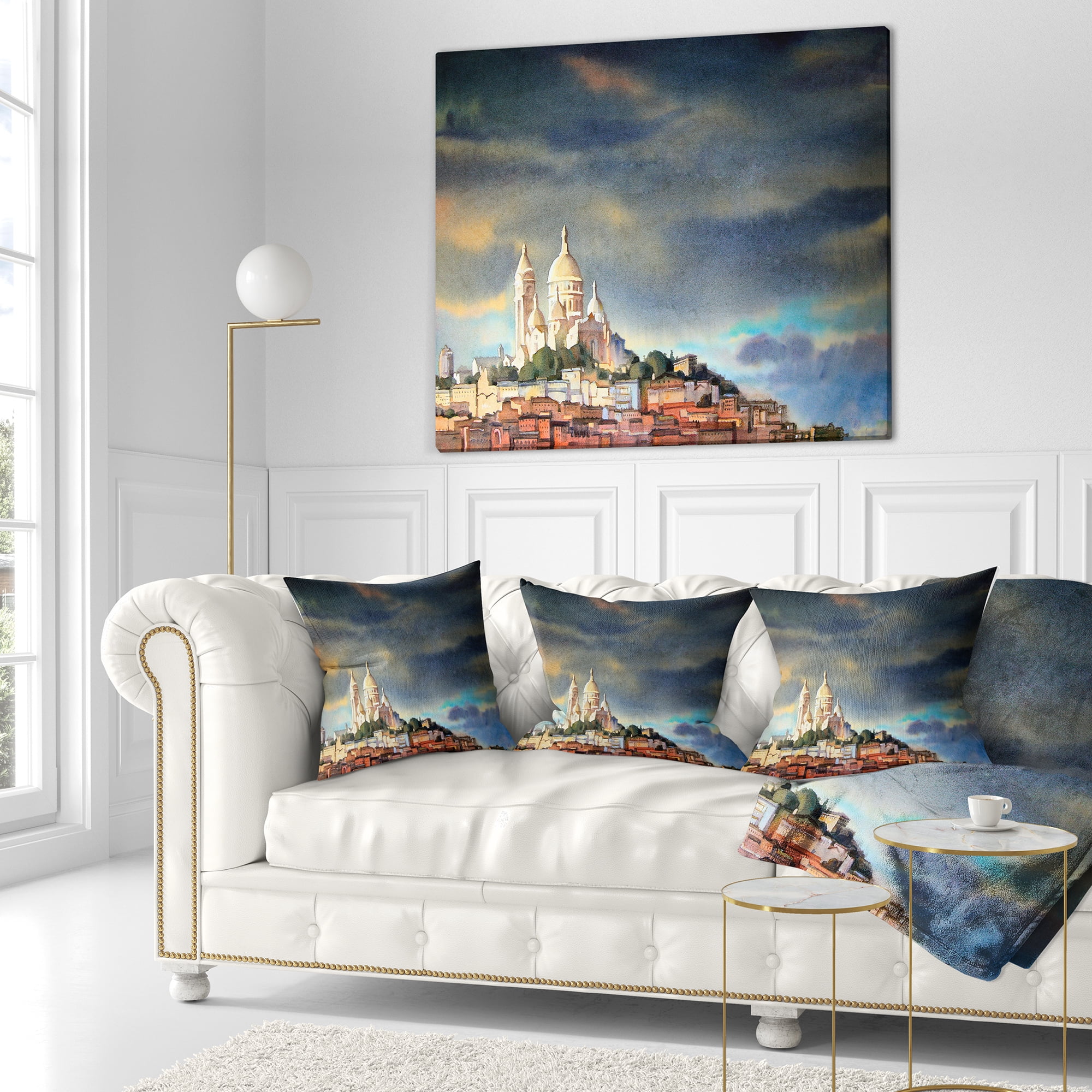 Designart Montmartre Skyline - Watercolor Painting Throw Pillow - 16x16