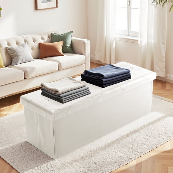 TOPCOMFY 110in Foldable Storage Ottoman Bench with Padded Seat, PVC, for Bedroom and Living Room, White