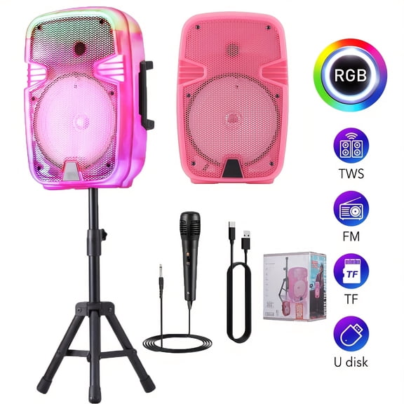 8" Rechargeable Speaker Wireless LED Karaoke Party System USB/SD/FM/AUX W/Mic & Stand