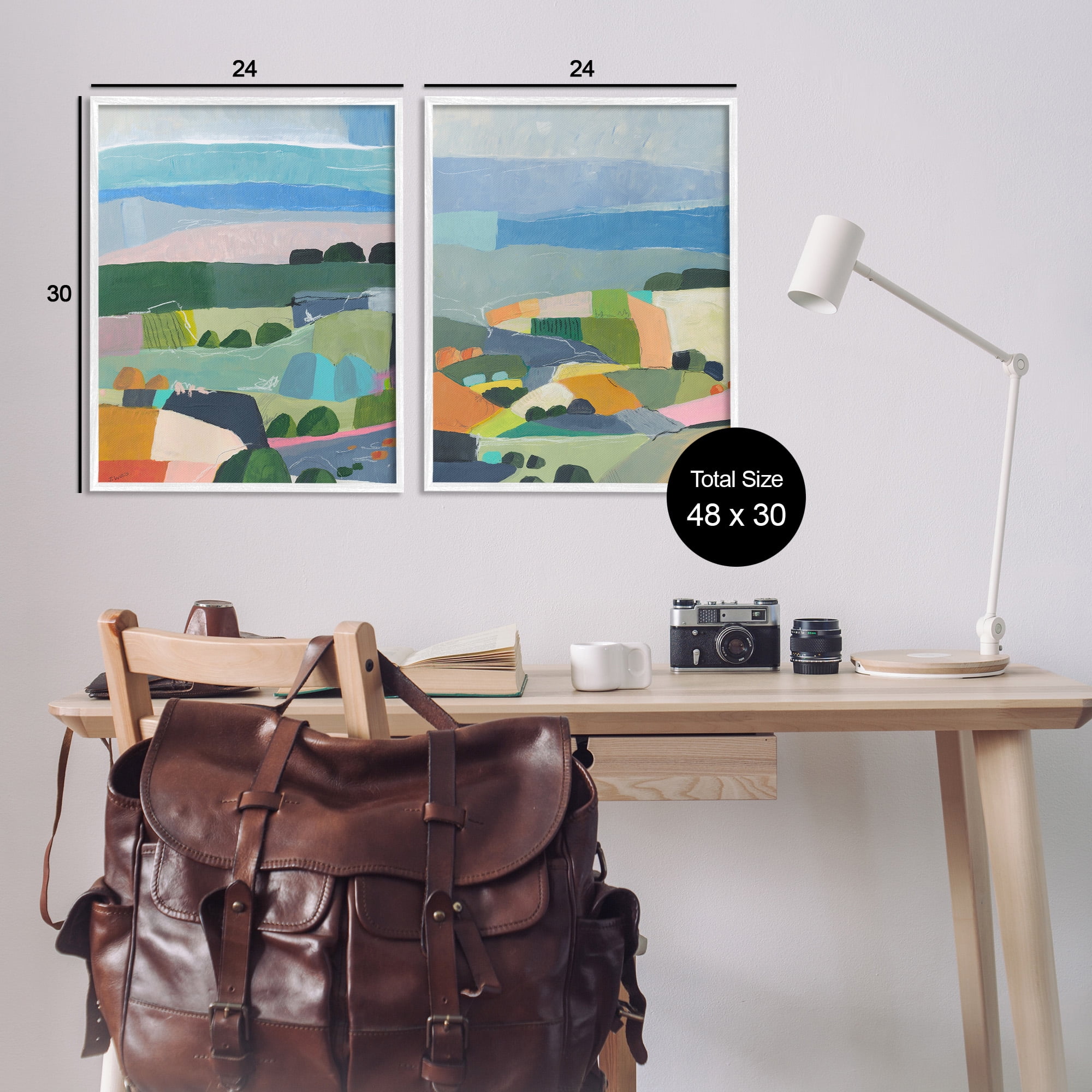 Stupell Industries Modern Farmland & River Landscape Painting White Framed Art Print Wall Art, 24 x 30, Set of 2