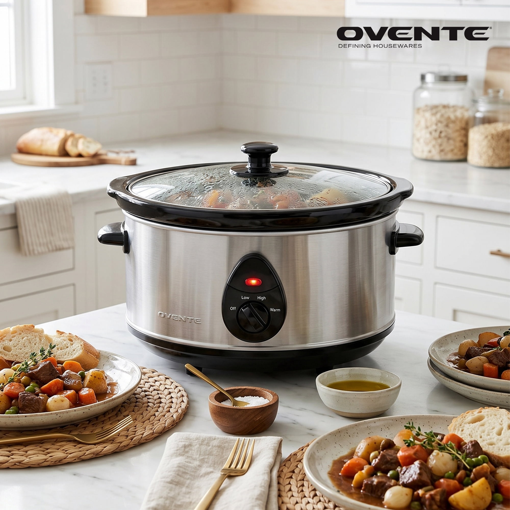 OVENTE Electric Slow Cooker with 3 Cooking Settings, Non-Stick and Dishwasher Safe Stoneware, Stainless Steel Body, Glass Lid 3.7 Qt Oval Pot for Entrees, Soups, Sauces, Stews & Dips, Silver SLO35ABR