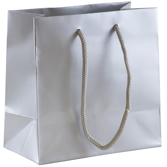 JAM Paper Silver Glossy Gift Bags, 6 1/2 x 6 1/2 x 3 1/2, 3/Pack