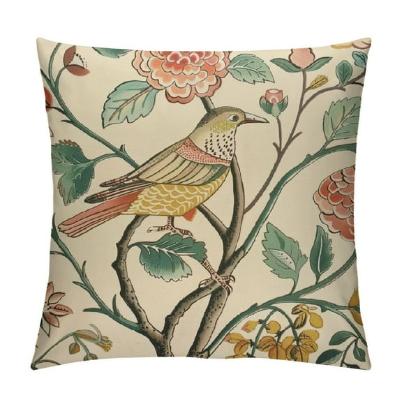 JRXY Vintage Bird Floral Pillow Covers Pink Green Yellow Flower Leaves Decorative Throw Pillows For Couch Chinoiserie Pillow Cases Farmhouse Home Decor For Sofa Bed Porch Outdoor White