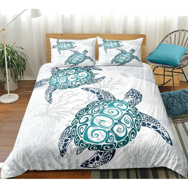 Move Over Blue Turtle Bedding Sets King Ocean Duvet Cover Set Sea Turtle Pattern Microfiber No Filling