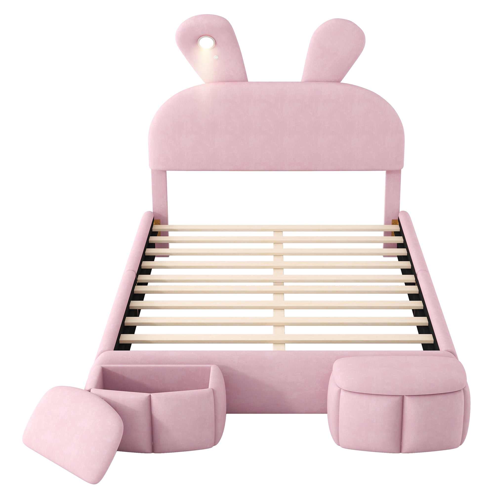 Euroco Upholstered Full Size Platfrom Bed, Bunny Shaped Bed with LED Light and Storage Cabinets