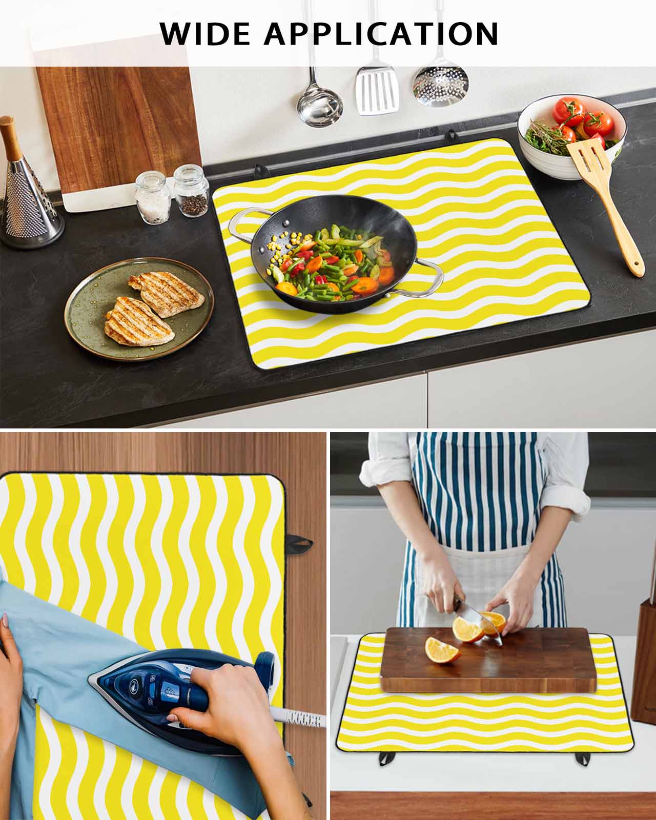 nqOlkjepod Large Induction Cooktop Protector Mat 24"x21", Yellow White Stove Top Covers for Electric Stove, Modern Abstract Waves Water Ripple Striped Stove Burner Cover Mats, Glass Top Stove Cover