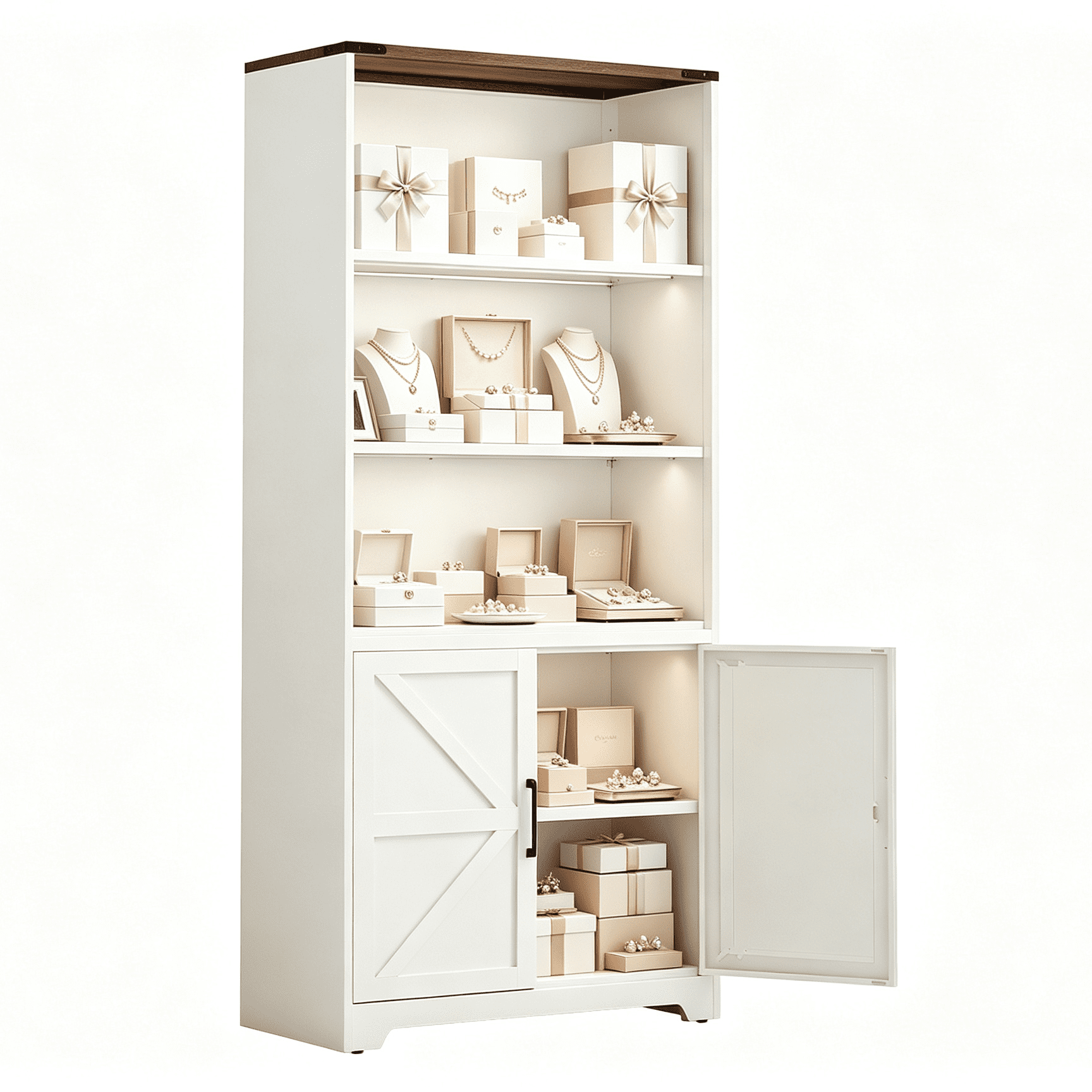 3-Tier Steel Barn Door Display Case, 69.7x31.5x15.4 Inches, Off-White With Contrasting Wood Grain