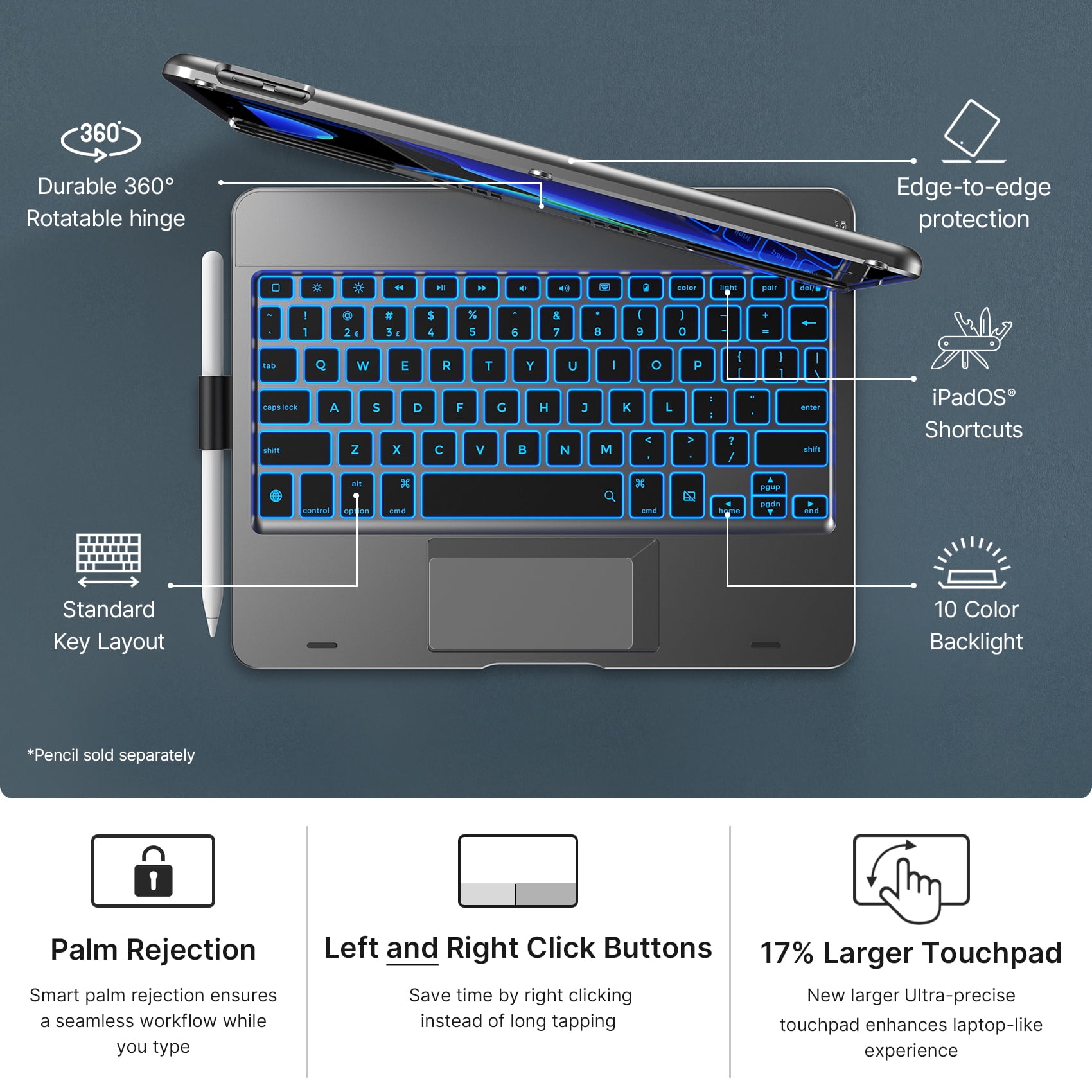 Typecase iPad Keyboard Case with Touch for 10.2-inch iPad 9th Generation (2021), iPad 8th Generation (2020), 7th Gen, iPad Air 3, iPad Pro 10.5, Protective Slim Cover with Pencil Holder (Space Gray)
