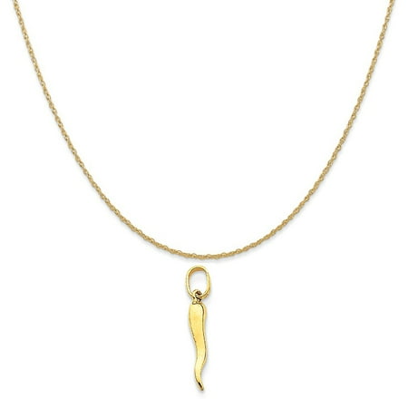 14k Italian Horn - 14k Yellow Gold Italian Horn Charm on a 14K Yellow Gold Rope Chain Necklace, 16
